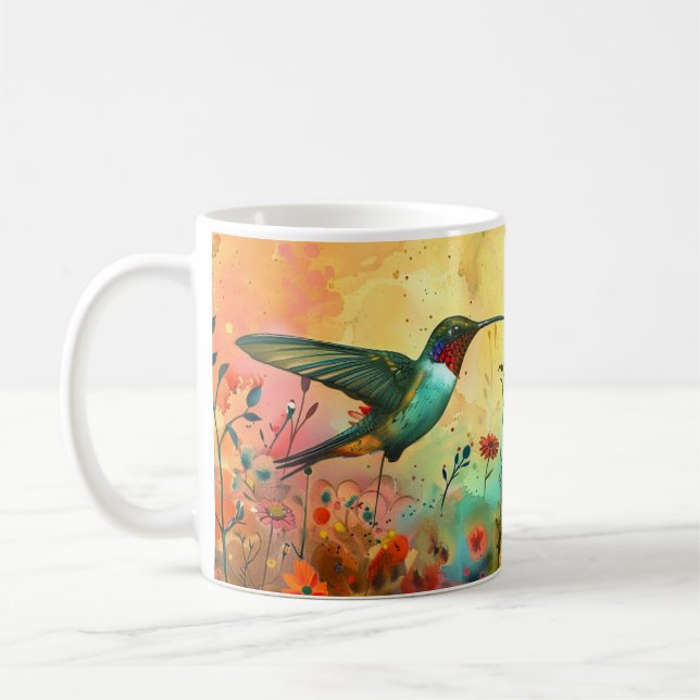 Taza De Café Colibrí volando por flores silvestres (Izquierda)