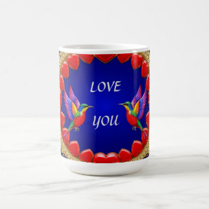 Taza De Café Colibríes Coloridos Rodeados de Corazón Romántico
