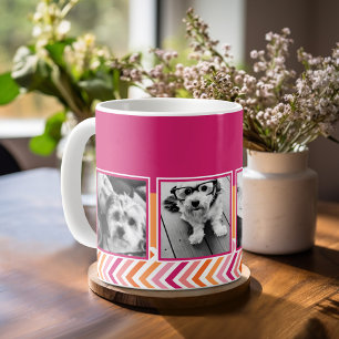 Taza De Café Collage de 4 fotos con chevrones rosa naranja