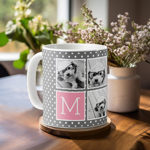 Taza De Café Collage de 5 fotos gris y rosa con monograma