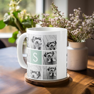 Taza De Café Collage de Fotos con Monograma en Verde Menta y Bl