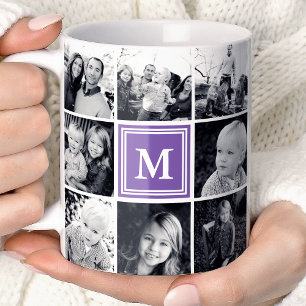 Taza De Café Collage de Fotos Cuadrado Morado Monograma Persona