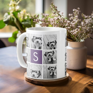 Taza De Café Collage de Fotos de Berenjena y Blanco con Monogra