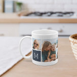 Taza De Café Collage de fotos de cuadrícula de monograma<br><div class="desc">Este sencillo diseño personalizado de foto-taza pone 6 de tus instantáneas favoritas delante y en el centro, junto con un solo monograma inicial a cada lado. Personalizar con seis fotos cuadradas de amigos, niños, nietos, mascotas o tus lugares favoritos, con tu inscripción inicial en letras blancas en una plaza azul...</div>