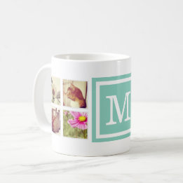 Taza De Café Collage de fotos de Instagram Aqua Monogram Mug