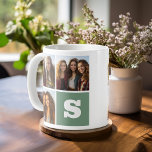 Taza De Café Collage de fotos de moda con monograma verde<br><div class="desc">Utiliza 3 fotos cuadradas para crear un regalo único y personal. Añade un gran monograma y haz una taza personalizada. Si necesita ajustar las imágenes,  haga clic en la herramienta personalizar para realizar cambios.</div>