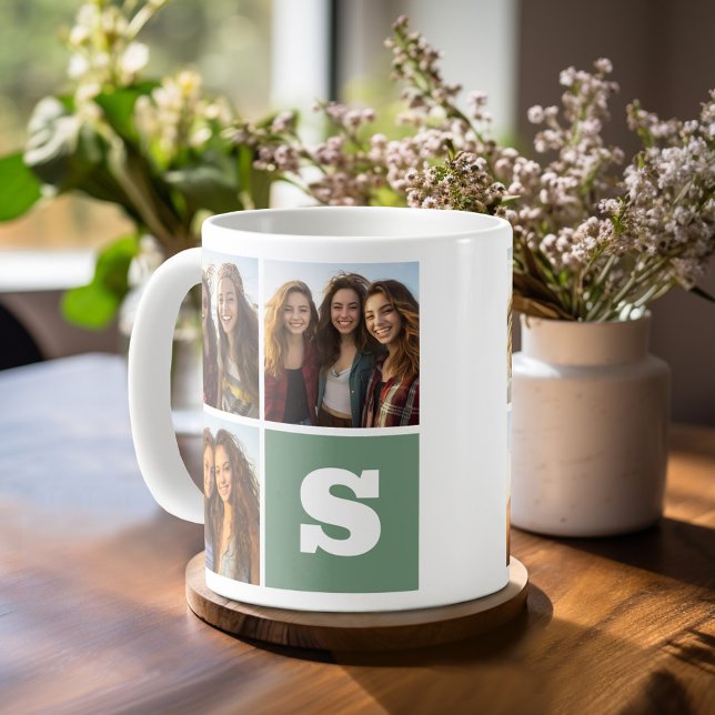 Taza De Café Collage de fotos de moda con monograma verde (Personalized Coffee Mug)