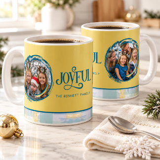 Taza De Café Collage de Fotos de Navidad Alegre Azul y Dorado