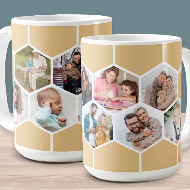 Taza De Café Collage de fotos geométrico 9 Imagen 15oz (Honeycomb geometric hexagon shape photo mug with 9 pictures in honey beige)