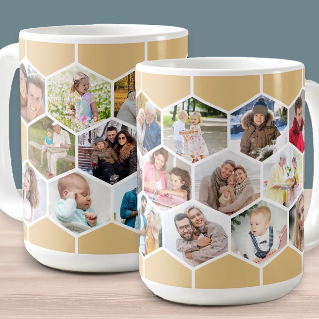 Taza De Café Collage de fotos Honeycomb 17 Imagen 15oz (Honeycomb geometric hexagon shape photo mug with 17 pictures in honey beige)