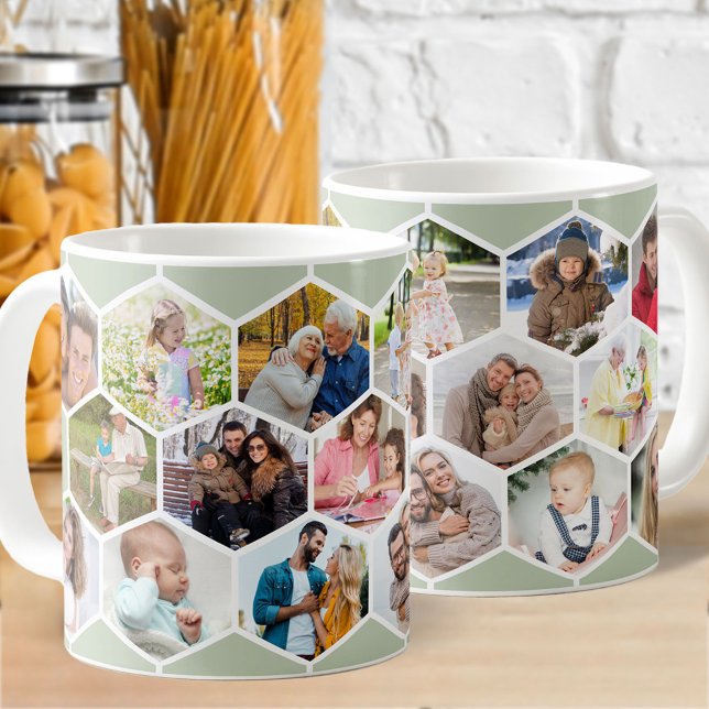 Taza De Café Collage de fotos Honeycomb 17 Imagen Sage Green (Photo mug with 17 of your favorite pics and sage green hexagon honeycomb pattern)