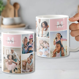 Taza De Café Collage de Fotos Monograma Rosa