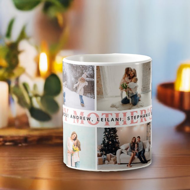 Taza De Café Collage de fotos rosa feliz Día de la Madre (This 8 photo collage mug features 2 square photos and the remaining 6 horizontal photos. )
