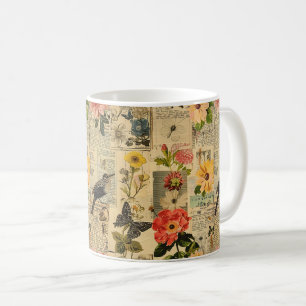 Taza De Café Collage de periódico floral de pájaro cantor vinta
