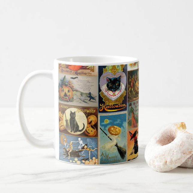 Taza De Café Collage de Tarjetas Antiguas de Halloween (Con donut)