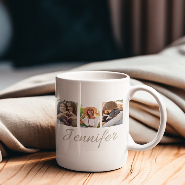 Taza De Café Collage de tiras de firma (“Storytelling coffee mug featuring rectangular photo strip layout with elegant script name detail.”)