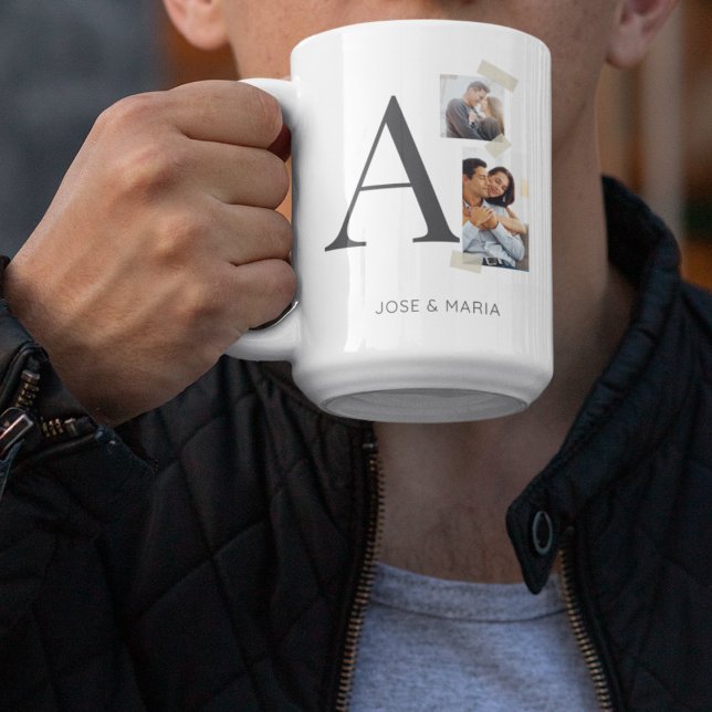 Taza De Café Collaged Initial Stories (White base mug showcasing serif initial, two photos, and subtle washi tape detailing.)