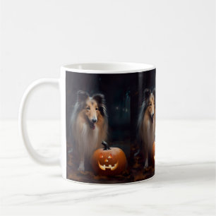 Taza De Café Collie en masa de Halloween con calabazas aterrado