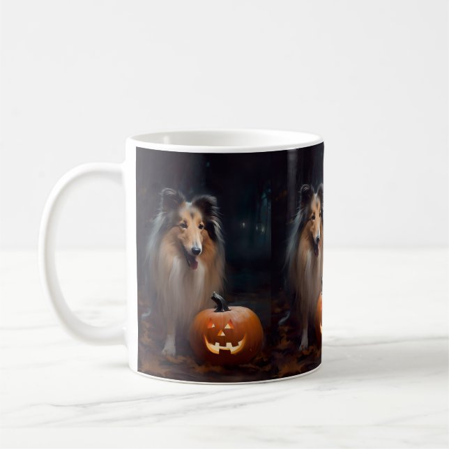 Taza De Café Collie en masa de Halloween con calabazas aterrado (Izquierda)