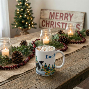 Taza De Café Collie fronterizo en árbol de navidad del bosque d