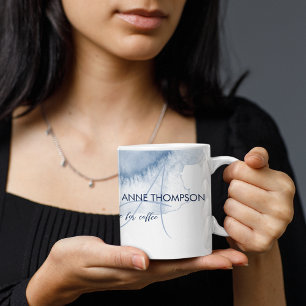 Taza De Café Color de agua azul con nombre e inicial (monograma