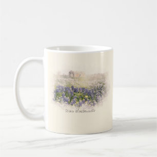 Taza De Café Color de agua esquematizada sobre el campo de Blue
