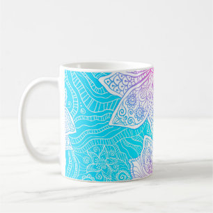 Taza De Café Colores azul y rosa adornados con flores sin costu