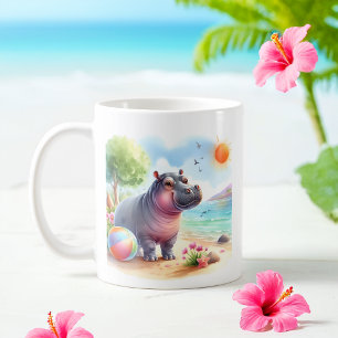 Taza De Café Colores de agua de verano Hipopótamo en la playa