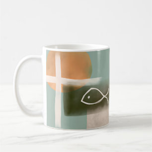 Taza De Café Colores terrosos cruz y arte minimalista de peces