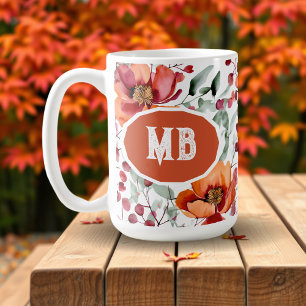 Taza De Café Colores Terrosos, Flores de Otoño Monogramadas