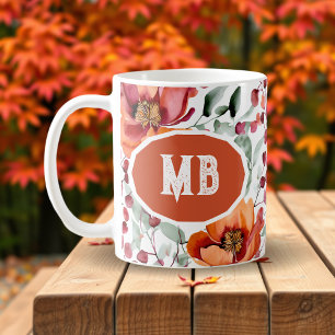 Taza De Café Colores Terrosos, Flores de Otoño Monogramadas