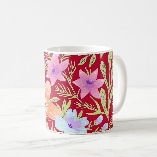 Taza De Café Colorful springtime flower pattern, raspberry pink (Anverso derecho)