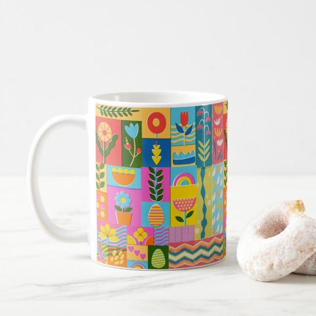 Taza De Café Colorida cosecha de mosaico (Con donut)