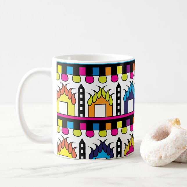 Taza De Café Coloridas Casas de Aldeas (Con donut)