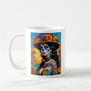 Taza De Café Colorido Día del Tee de Arte de Cráneo Floral Muer