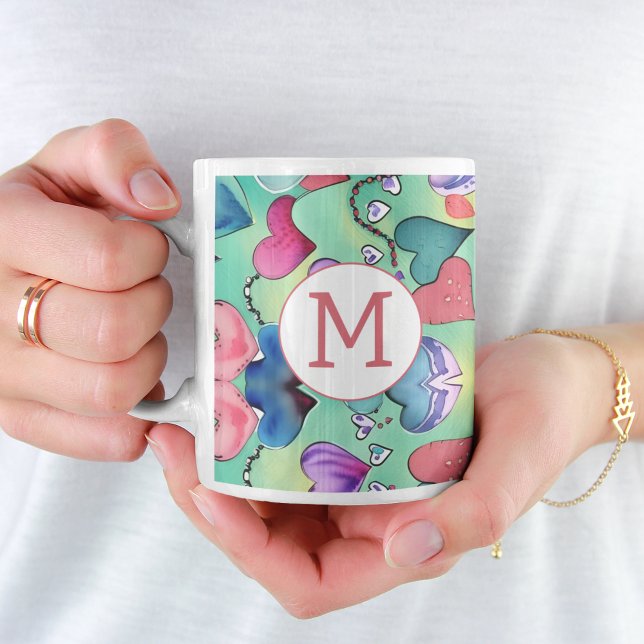 Taza De Café Colorido patrón cardíaco femenino creativo inicial (Subido por el creador)