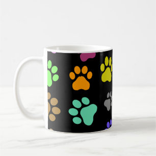 Taza De Café Colorido patrón de pata Mascota sobre fondo negro