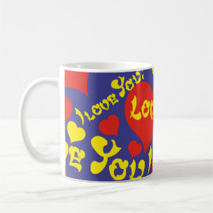 Taza De Café Colorido rojo, azul y amarillo amor y corazón