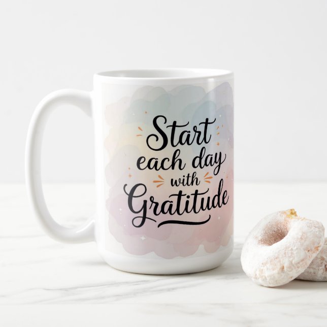 Taza De Café Comenzar cada día con Gratitude 15 Oz Coffee Mug (Con donut)
