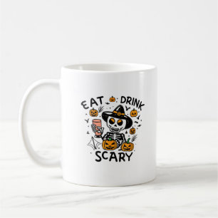 Taza De Café Comer Bebida Y Tener Miedo De La Calabaza De Hallo