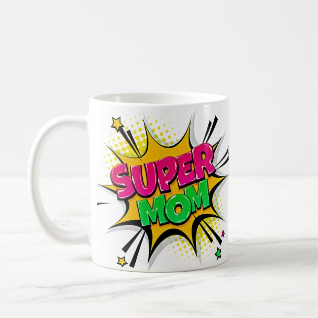 Taza De Café Cómic Pop Art Morple Verde Amarillo SUPER MOM Grac (Izquierda)