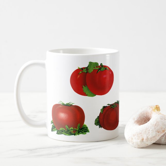 Taza De Café Comida, frutas, verduras, tomates de la raza roja (Con donut)