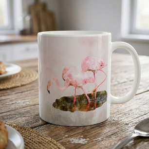 Taza De Café Compañerismo de Flamencos Rosas en Arte de Acuarel