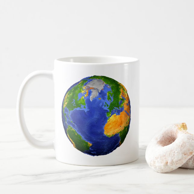 Taza De Café Completa La Tierra Mostrando Datos Topográficos. (Con donut)