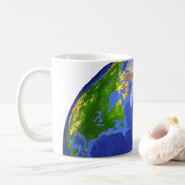Taza De Café Completa La Tierra Mostrando Datos Topográficos. (Con donut)