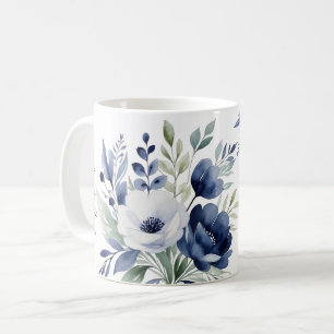 Taza De Café Comprimido azul y floral blanco