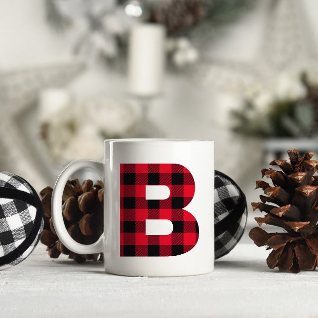 Taza De Café Comprobación de búfalo rojo y negro Letra negrita  (Letter B Monogram)