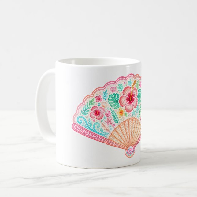 Taza de café con abanico floral tropical pastel (Anverso izquierdo)
