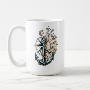 Taza de café con ancla náutica vintage y reloj