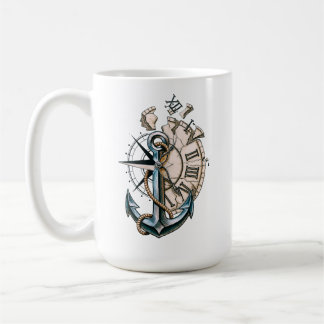 Taza de café con ancla náutica vintage y reloj